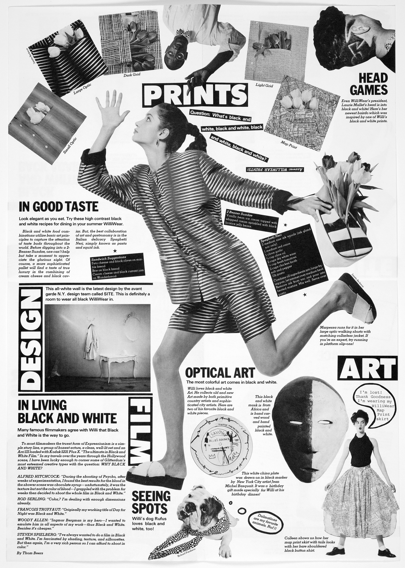A collage showing a woman who appears to be running in sandals and a shirt and shorts with text that says Prints, Head Games, Art, Optical Art, In Good Taste, Design, Film, in living black and white, seeing spots, optical art