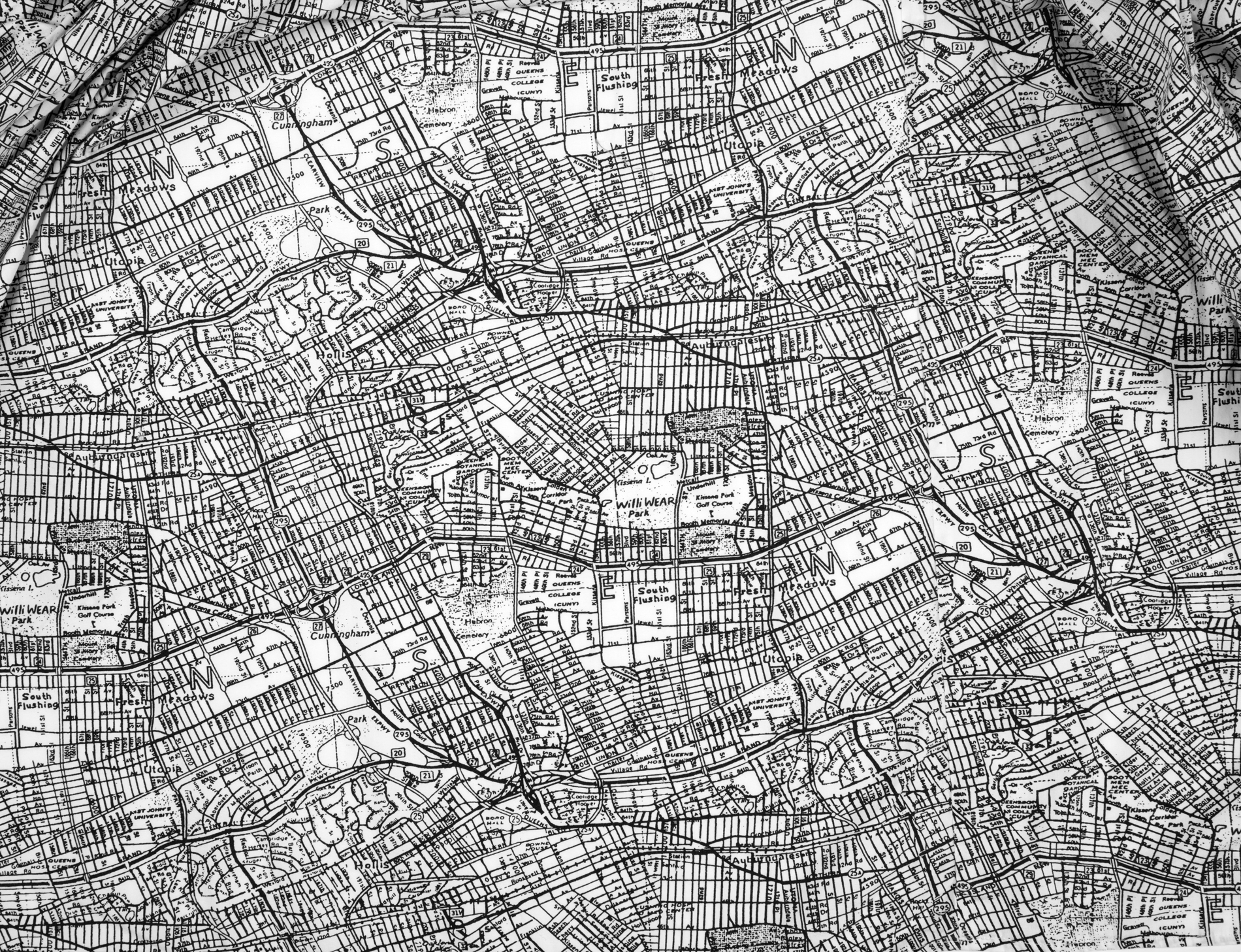 Black and white map of a city with lots of roads