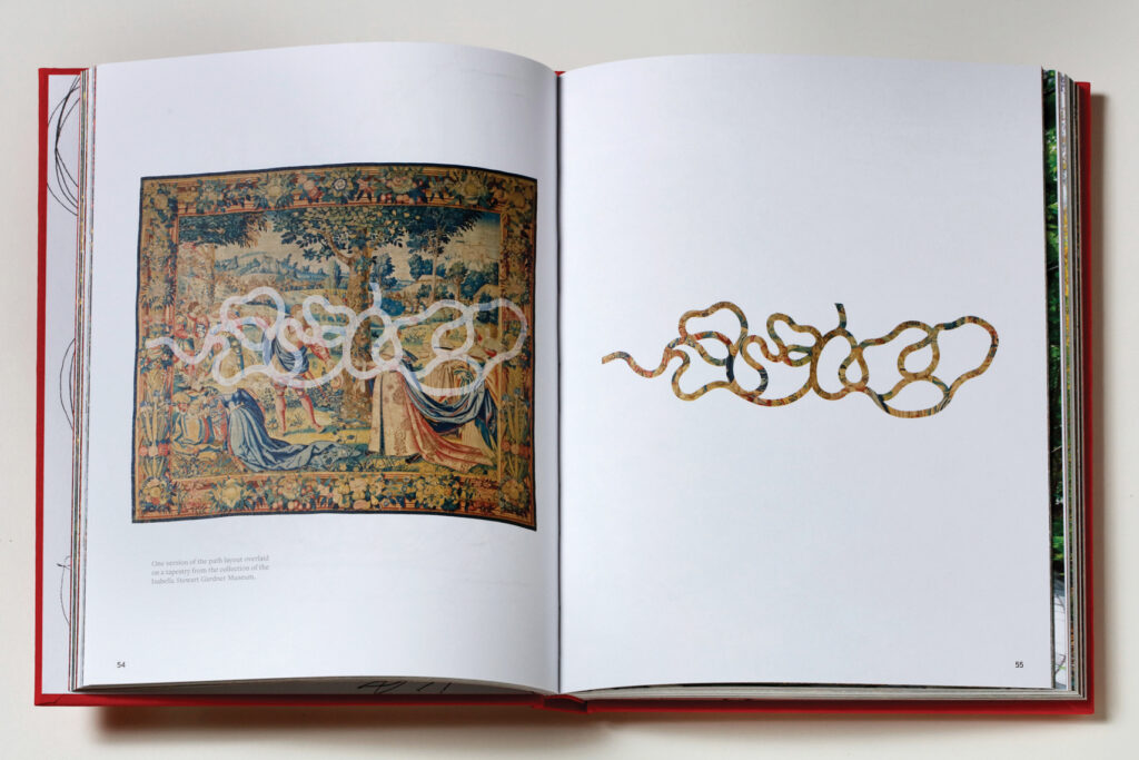 Photograph of a spread in a book that shows on one page, a tapestry with lines superimposed on top of it and the opposite, just those lines