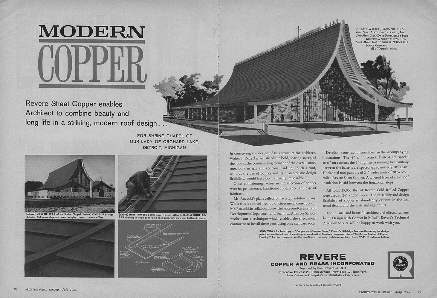 A black and white advertisement with 5 images and text that says Modern Copper. Revere Sheet Copper enables Architect to combine beauty and long life in a striking, modern, roof design...