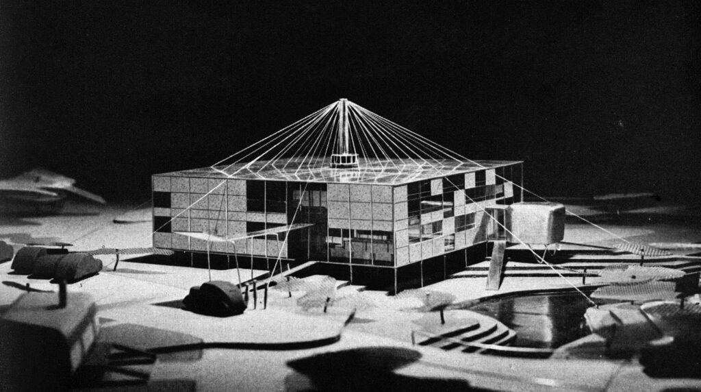 Black and white photograph of an architectural model