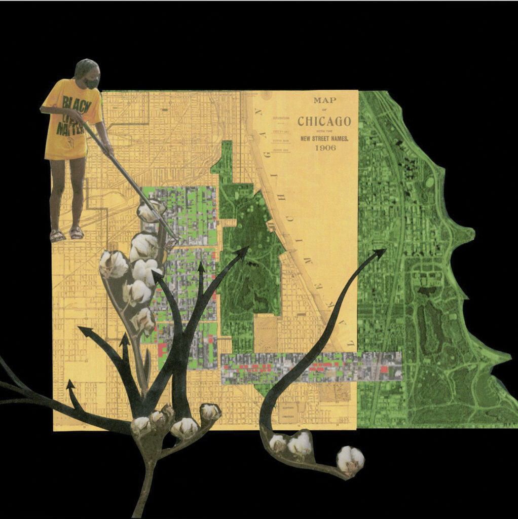 Yellow and green collage of a map of Chicago with a person wearing a yellow shirt that says black lives matter and cut out pictures of cotton with arrows that point to places on the map.