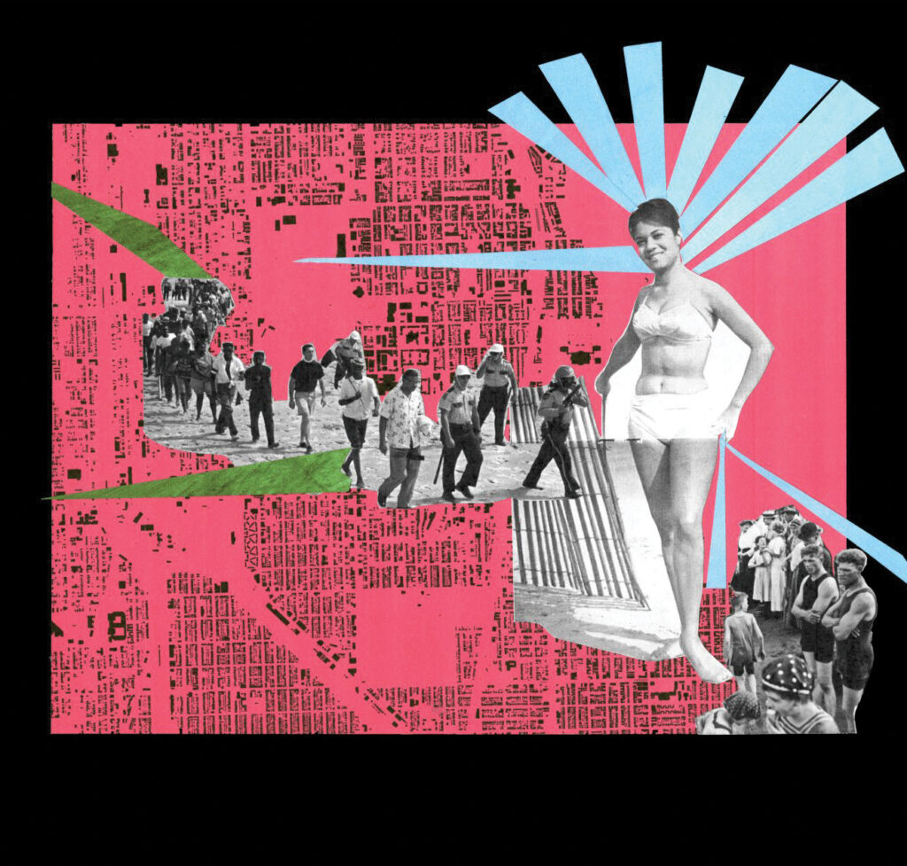 Collage of people marching, a vintage woman in a bathing suit, and a vintage photograph of male swimmers on top of a bright pink map