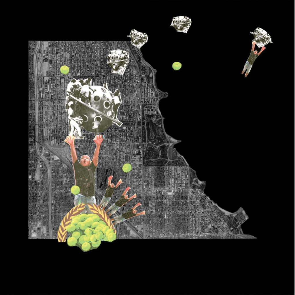 Collage with a map in the background, a child with his arms in the air with bright green tennis balls and a photographs of a playground structure