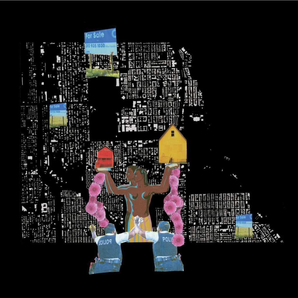 Collage with a map, yellow house, red house, being held up by two dancers with pink flowers, that appear to be pushed back by two people with police uniforms, for sale billboards in blue around the map