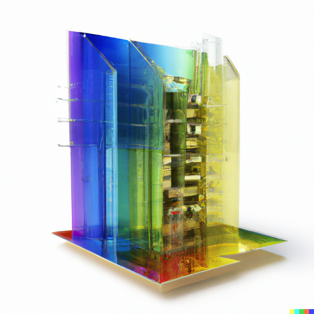 AI-generated image of a rainbow-colored, building model