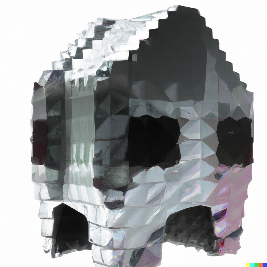 Silver, glass-like mask sculpture against a white background