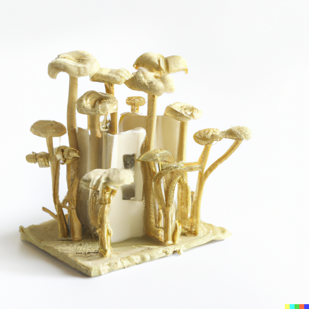 Gold, mushroom-like sculpture against a white background