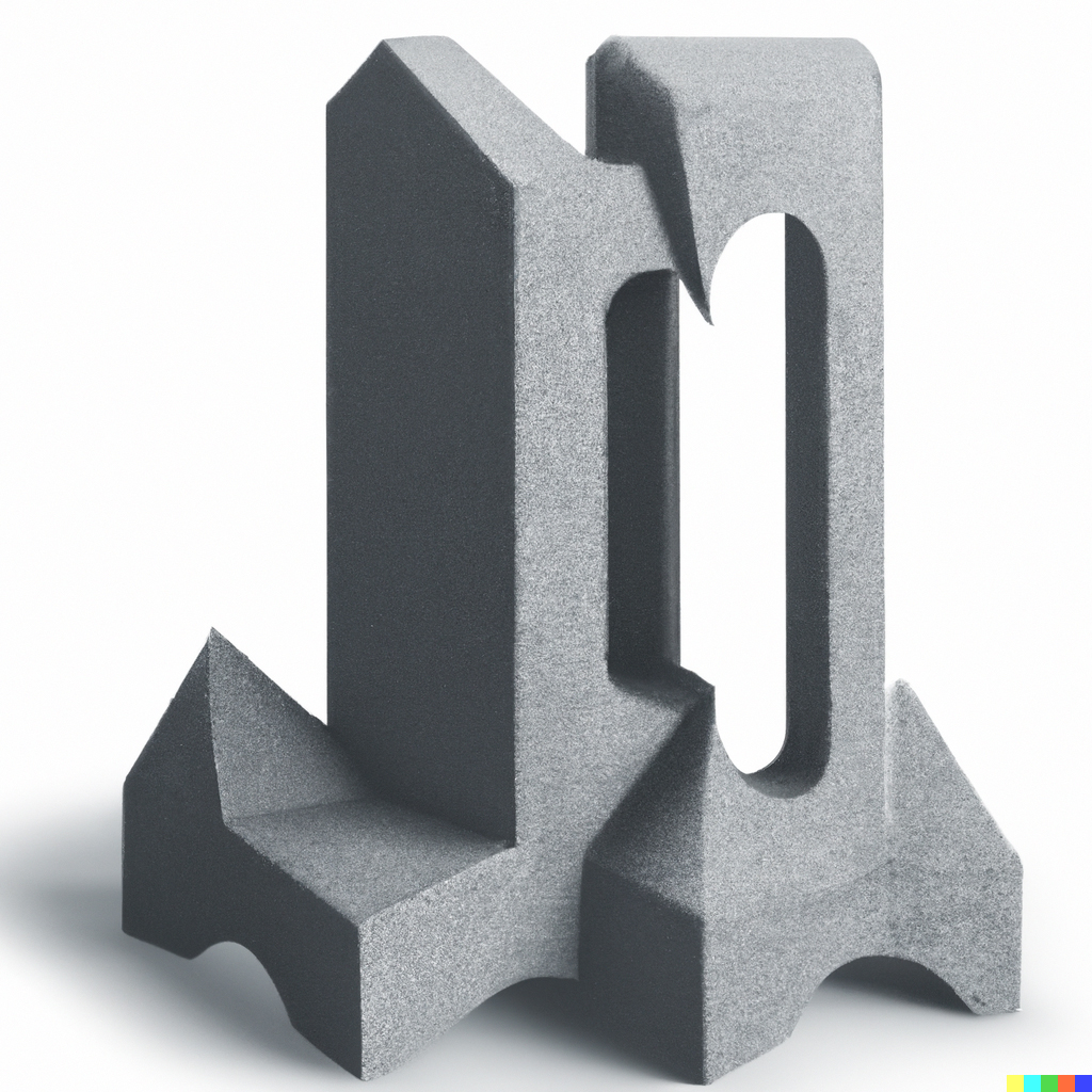 Grey concrete-like sculpture against a white background