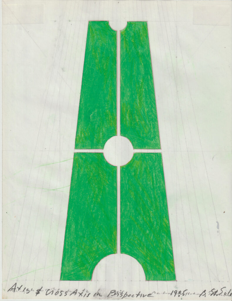 Drawing of a dark green, slightly angled rectangle with a circle in the center against a white background