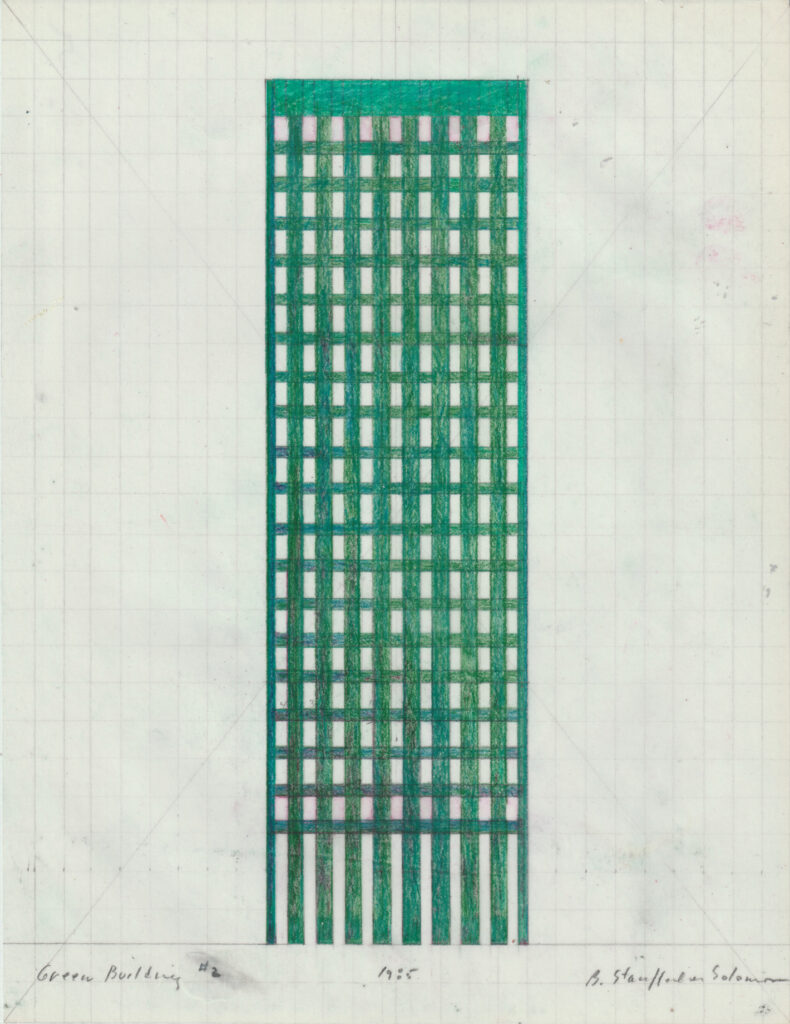 Drawing of a dark green rectangle with little white rectangles evenly placed in a grid against a white background