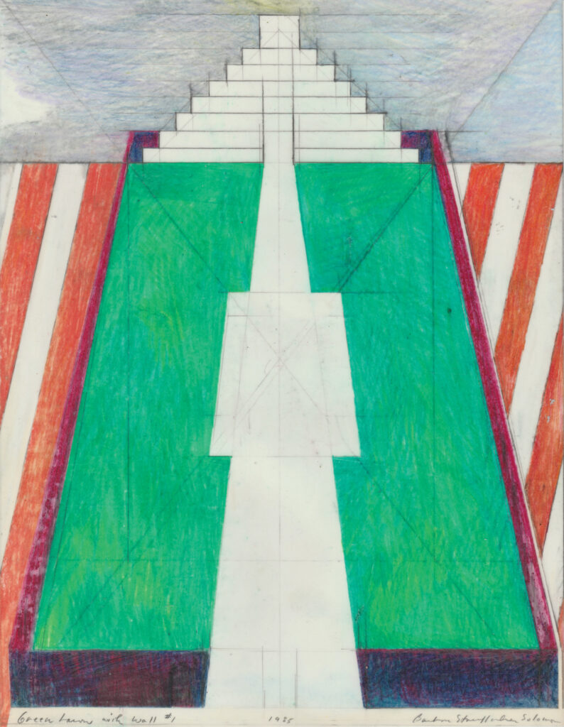 Drawing with dark green rectangles, red and white stripes, blue background, and white pyramid