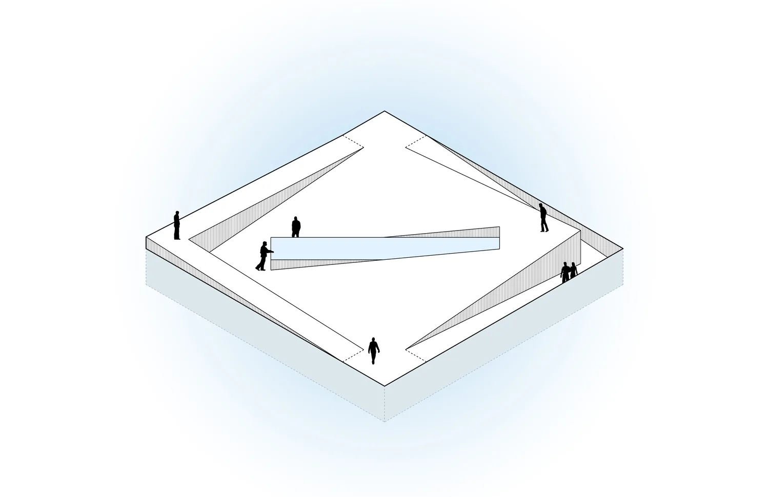 Diagram of a square platform with tilted surfaces.