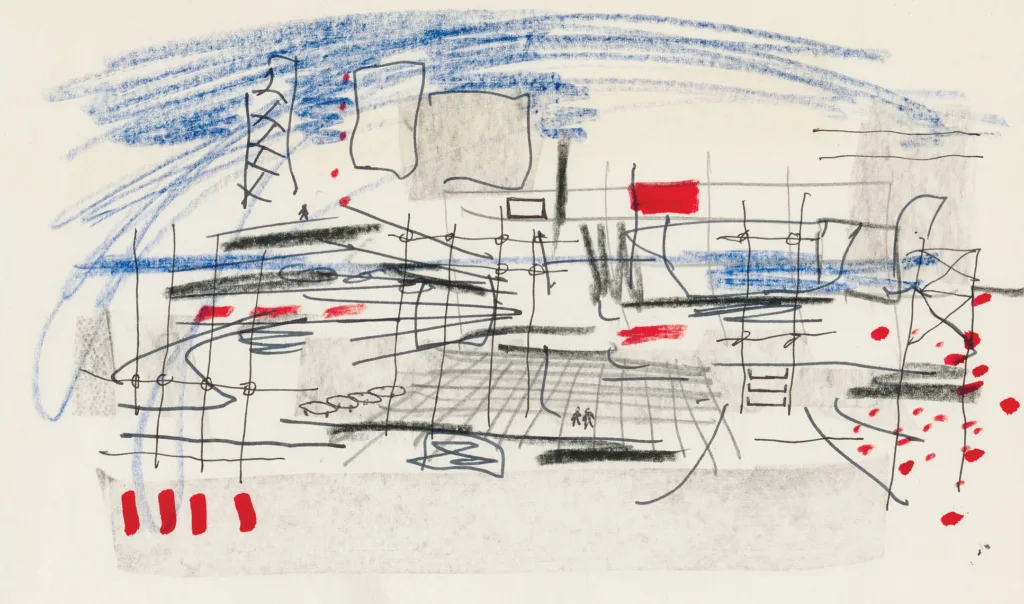 Drawing made with blue and black crayons, black ink, graphite, and thick red marker depicting a structure of grids and surfaces and a dome of blue sky.