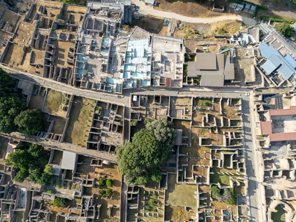 Aerial drone image of excavated ruins.
