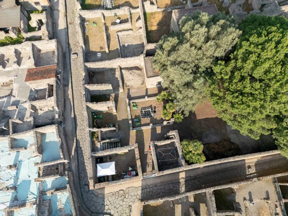 Aerial drone image of excavated ruins.