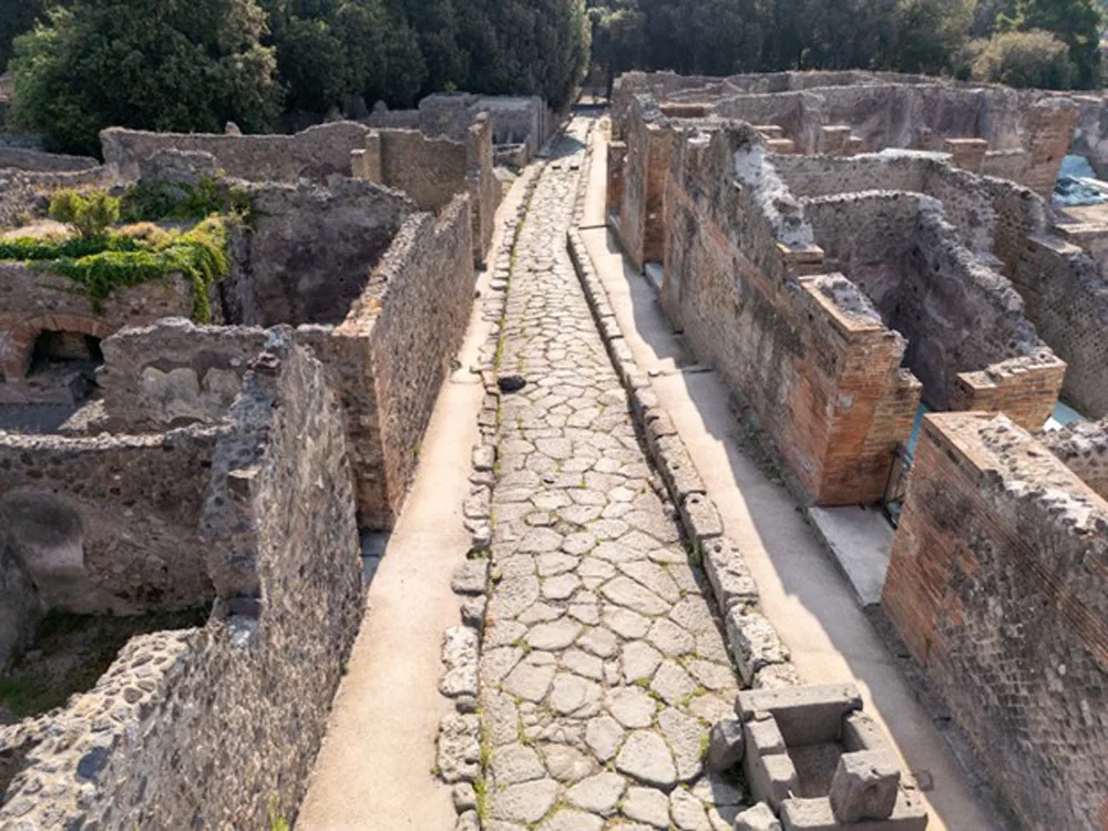 Aerial drone image of excavated ruins, featuring a walkway. 