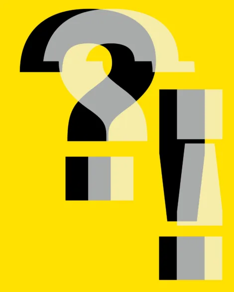 A black question mark and exclamation mark with a transparent white question mark in the reverse direction on a bright yellow background.