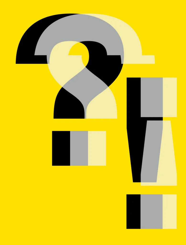 A black question mark and exclamation mark with a transparent white question mark in the reverse direction on a bright yellow background.
