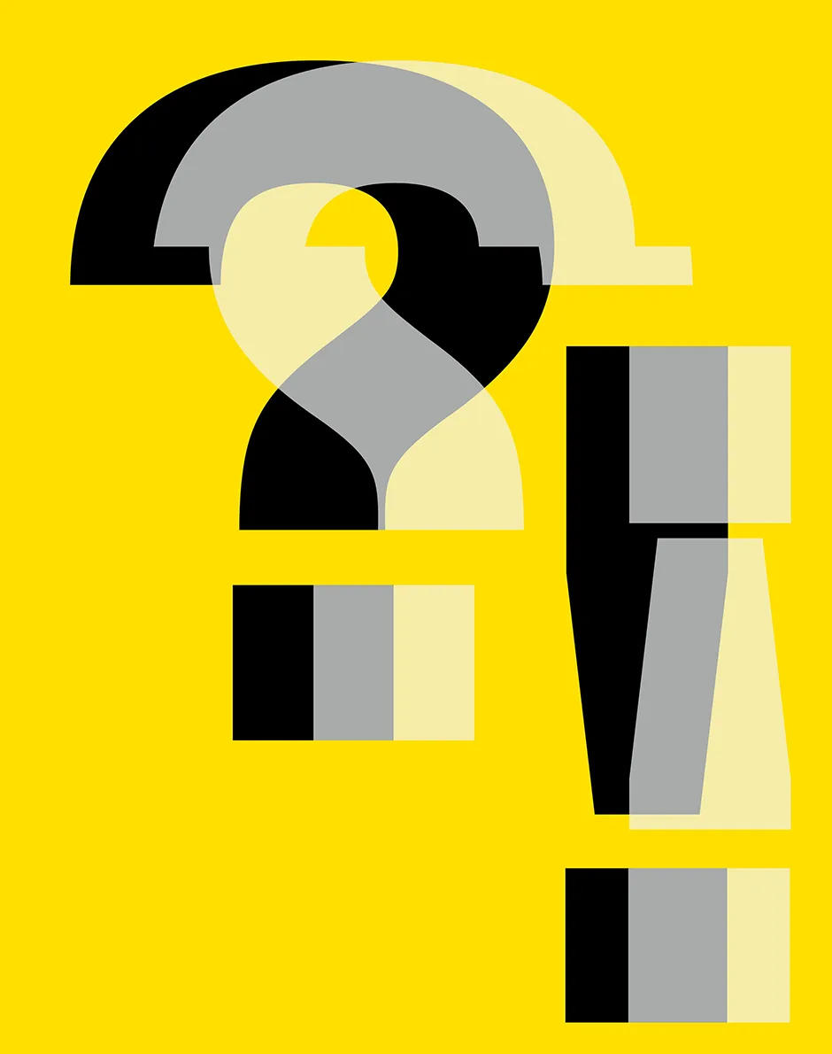 A black question mark and exclamation mark with a transparent white question mark in the reverse direction on a bright yellow background.