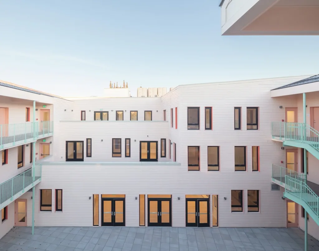 A courtyard in a three-story architecture housing complex. 