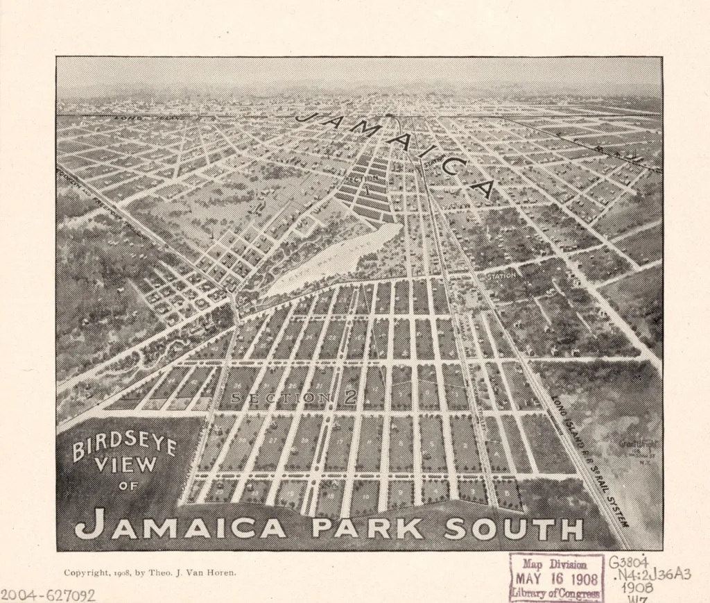 A historical illustration of land parcels in Jamaica, Queens. 