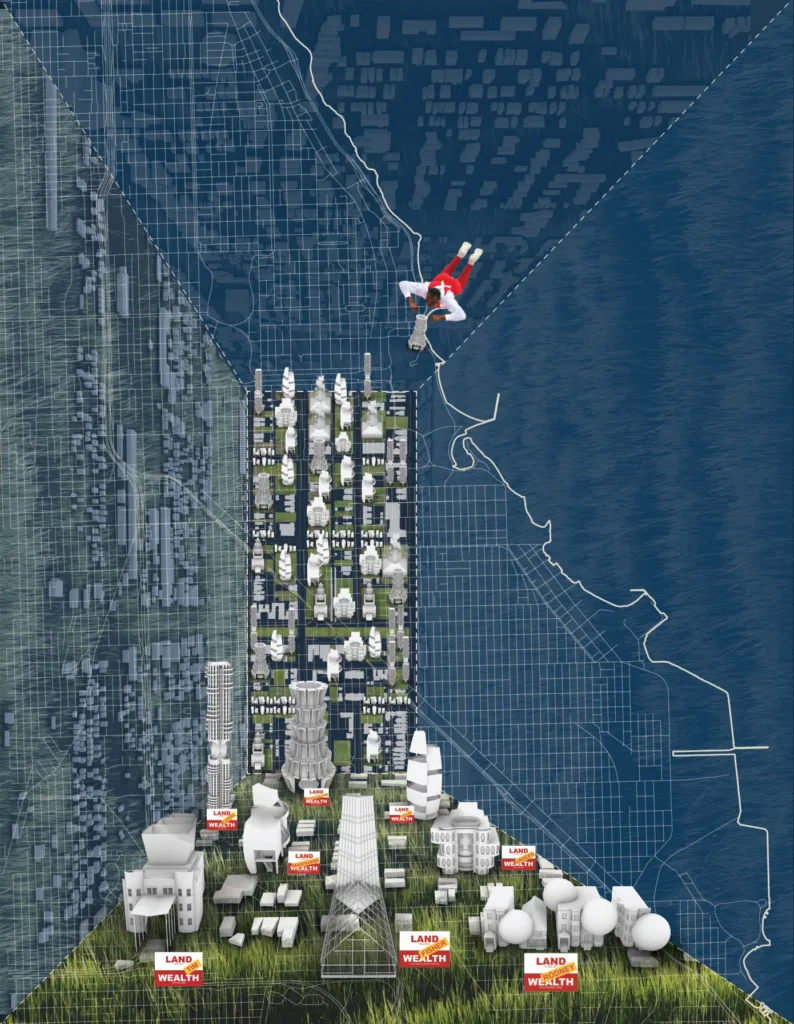 A conceptual illustration of Chicago including a map and representations of real estate. 