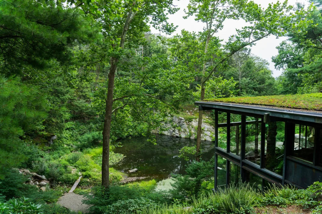 A modernist building in a verdant landscape.