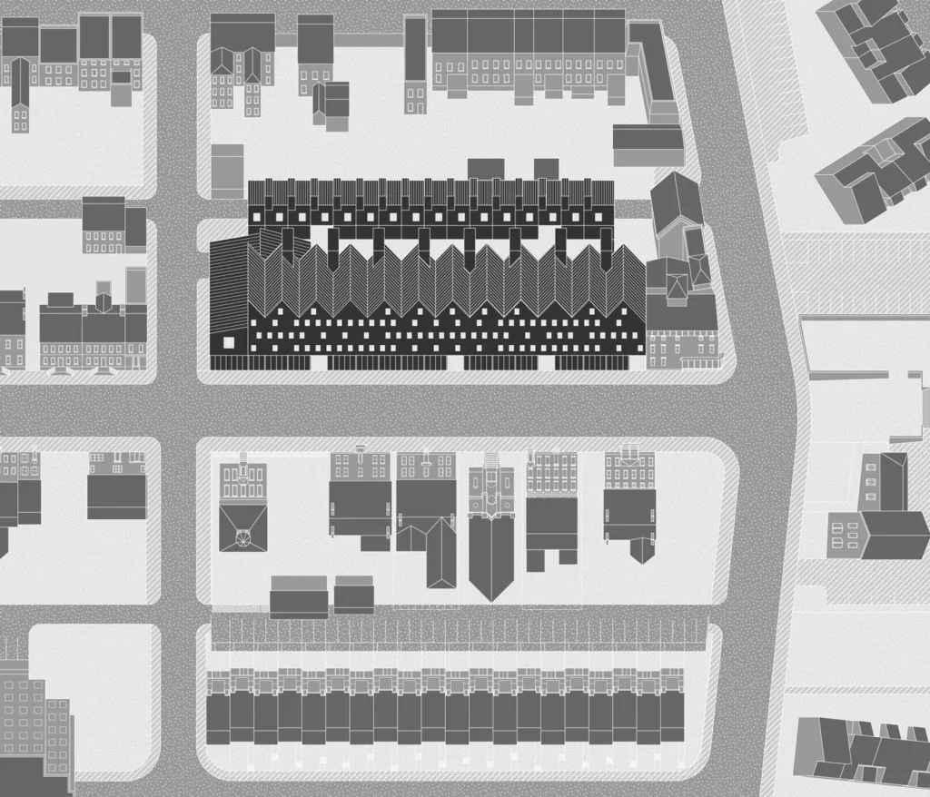 A black-and-white illustration of a housing block. 