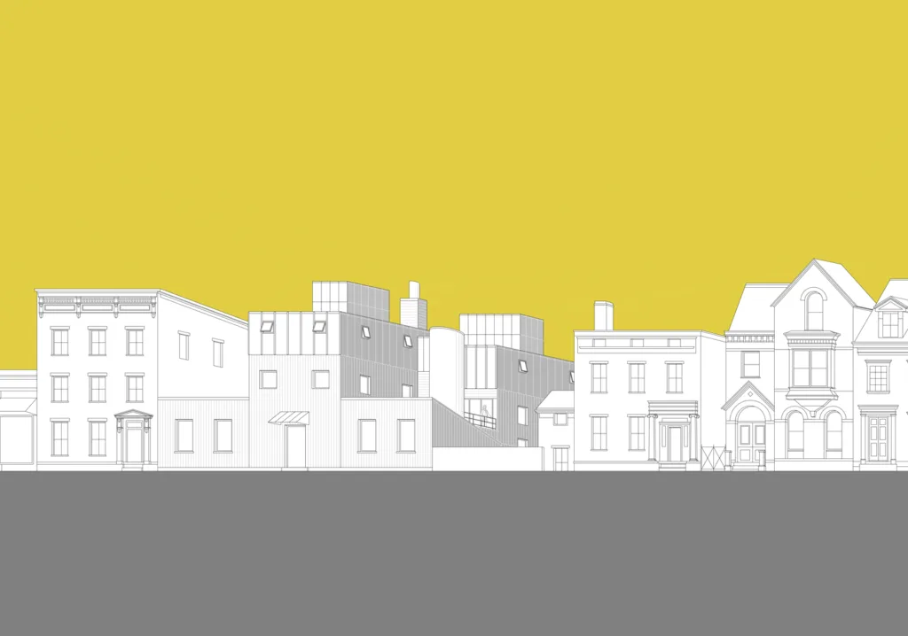 A line drawing of a typical city block with houses in different styles. 