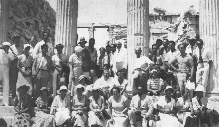 Black and white image of people on Acropolis.