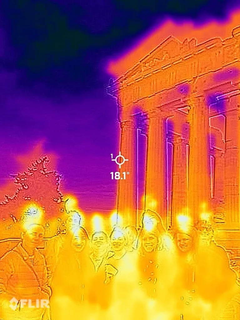 Themal heat image of students on Acropolis.
