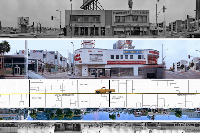 Animated GIF showing truck driving down street with buildings and trees on the sides.