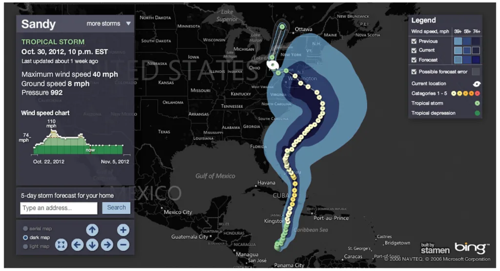 Graphics showing a hurricane being tracked.