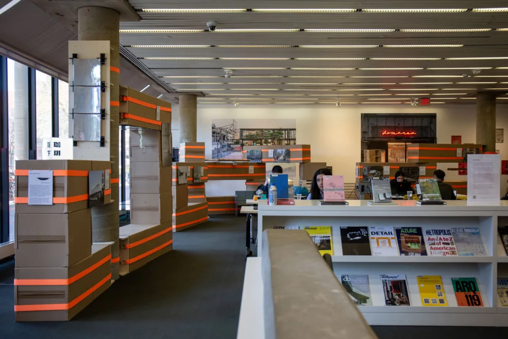 An interior view of the Frances Loeb Library with the exhibition "A temporal exhibition of temporary public spaces" installed. 