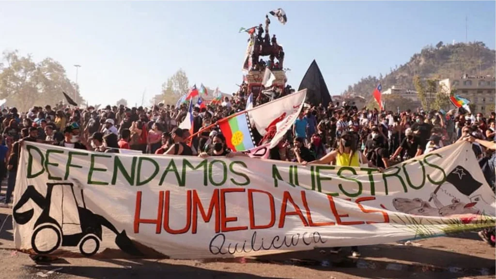 Protestors in Chile carry a large banner calling for the protection of their wetlands.