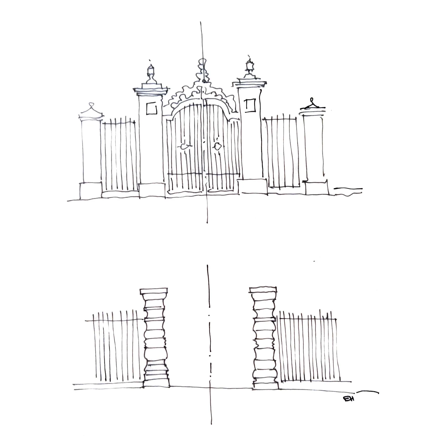 sketch of a closed iron gate flanked by concrete columns above the same gate with the gate doors removed.