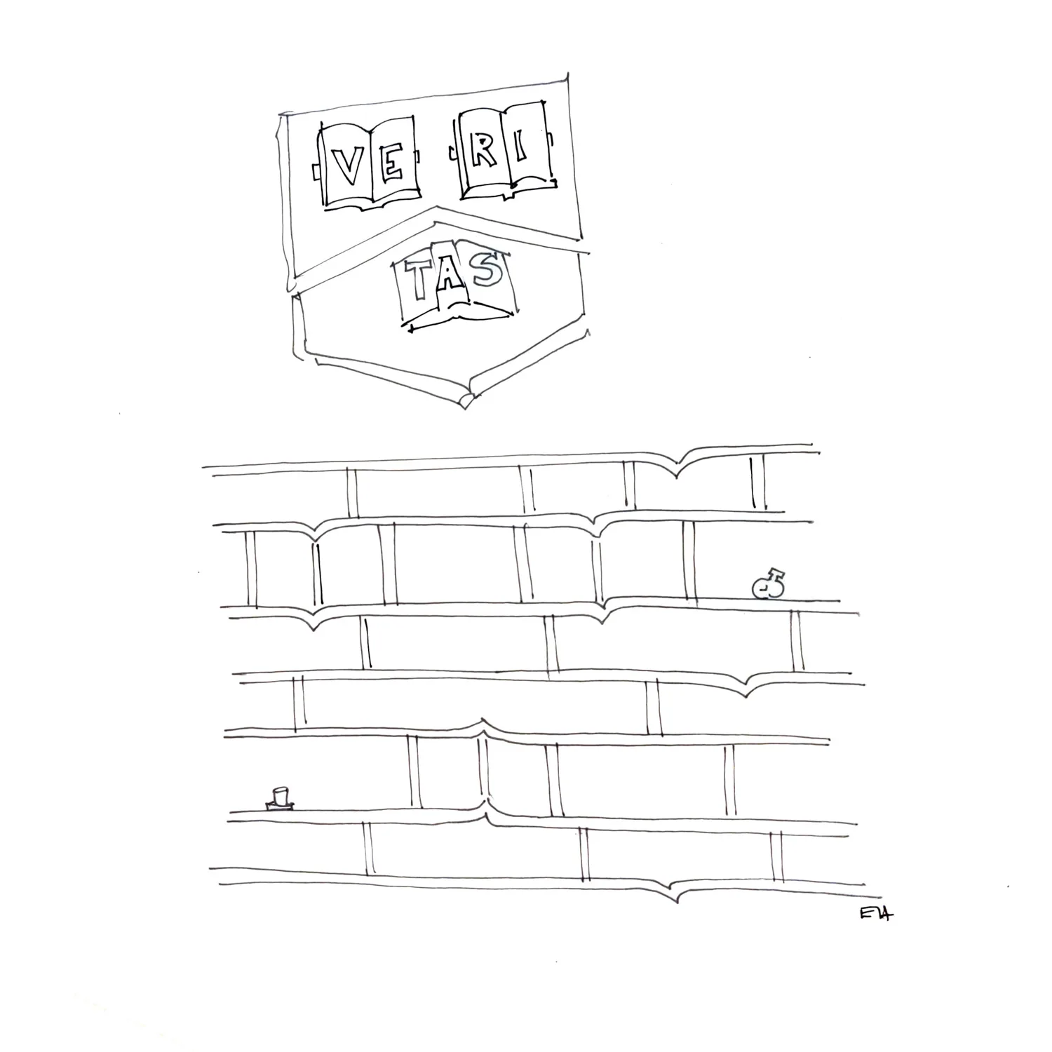 black and white sketch of a crest that says VERITAS floating above a sketch of blocks stacked on top of each other