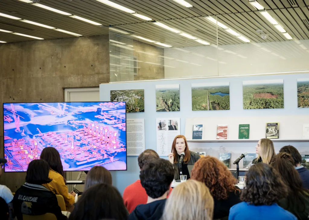Marina Otero and Kate Crawford address an audience at the Harvard Graduate School of Design.