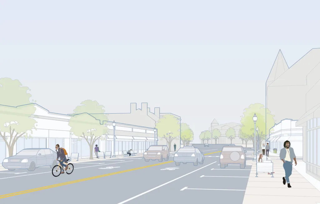 Rendering of a street with low-rise buildings.