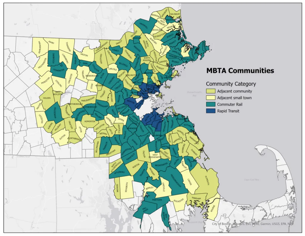 Map of Massachusetts showing community categories in relation to the Section 3A Zoning Act.