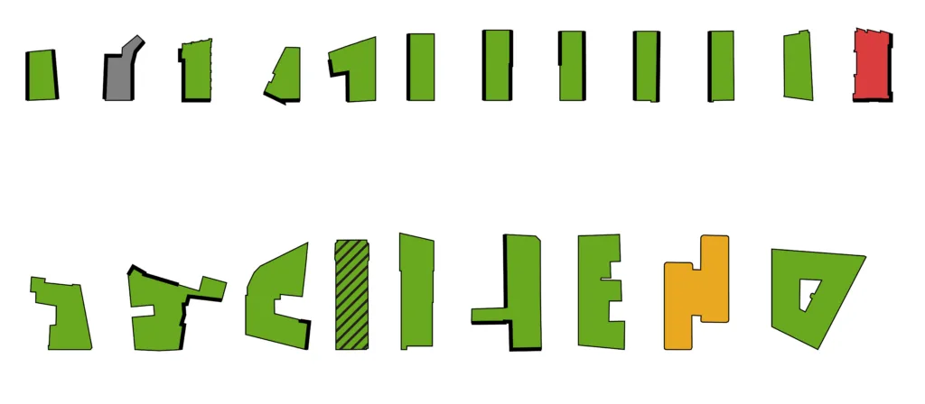 Green, yellow, and red diagrams of floor plates.