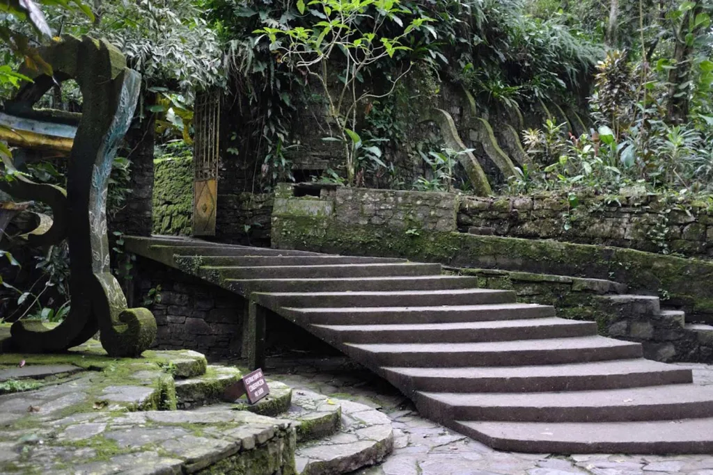 A stairway cascaded down out of trees.