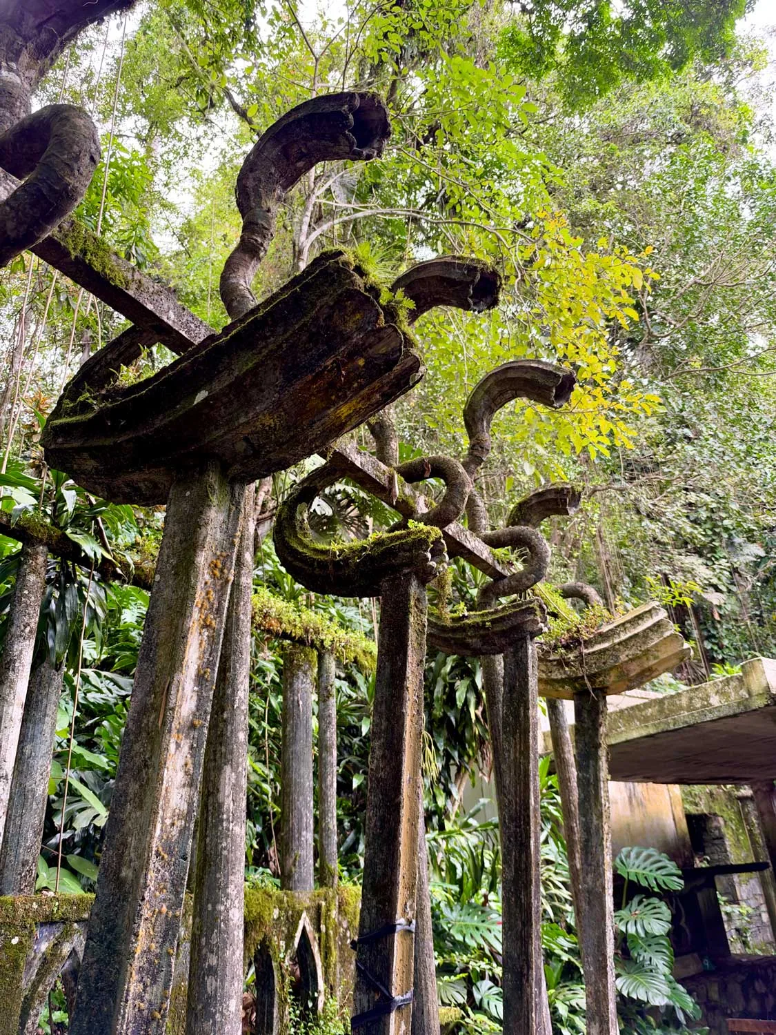 A concrete folly consisting of tall columns and trumpet-like elements, all amid jungle vegetation.